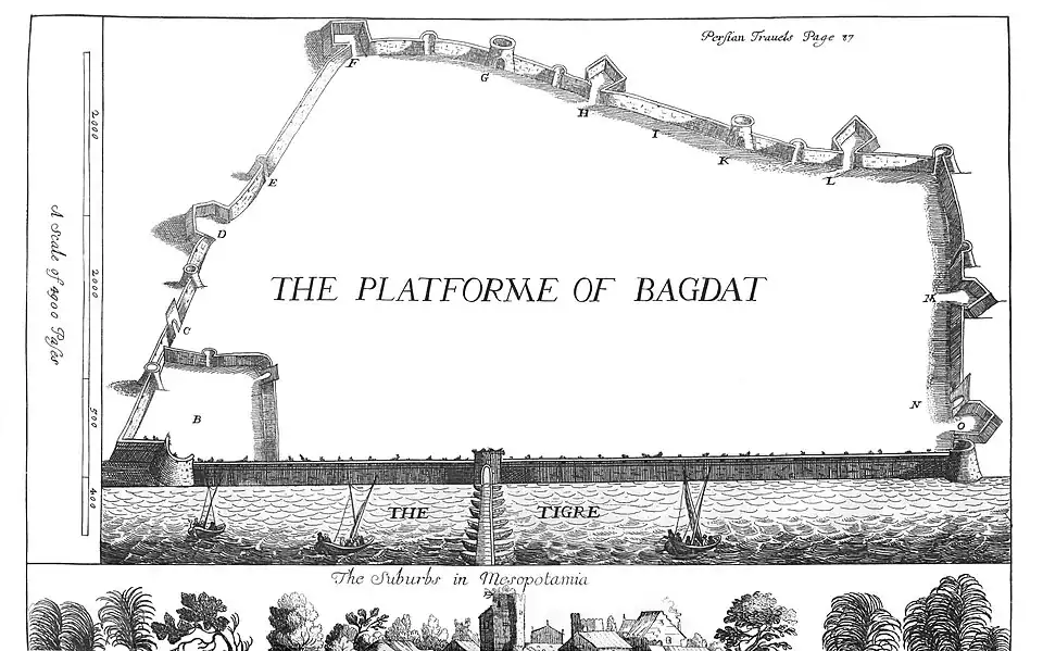 Engraved map of Bagdat's walls in an irregular quadrilateral with small bastions and towers, with one edge straight along the Tigris and plants and buildings on the opposite bank