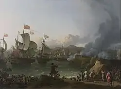 A painting by Ludolf Bakhuizen of the Battle of Vigo Bay: multiple sailing ships shell the port of Cádiz as troops land ashore.