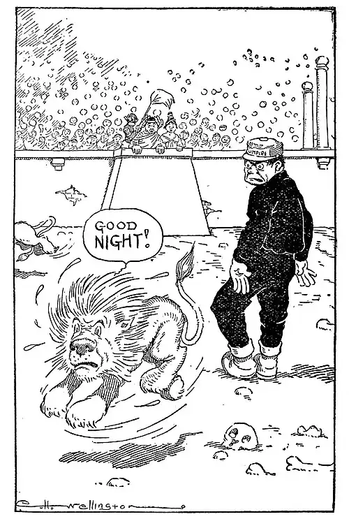 An anxious-looking lion bids "good night!" as he retreats from a glaring umpire upon a bone-strewn field, as Nero watches from his box.
