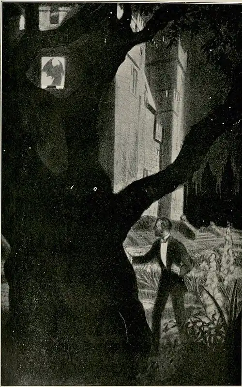 In the dark shadows, at the base of a looming castle, a man is searching. High up at a window the shadow of an enormous bat is seen.