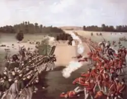 Painting of the Battle of Ridgeway with both forces lined up edge of the picture, Fenians on the left and Canadians on the right.