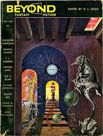 Cover of the first issue of Beyond Fantasy Fiction in July 1953. It features a variety of surreal esoteric imagery, including floating orbs, a glowing eye, and a stairway leading to a colossal statue of a hand.