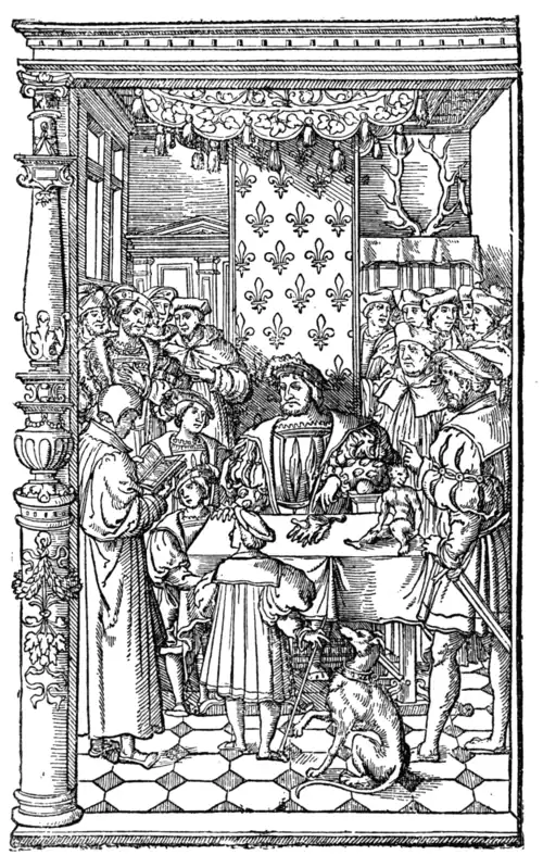 ANTOINE MACAULT READING HIS TRANSLATION OF DIODORUS SICULUS TO KING FRANCIS I. Designed by Holbein. Engraved by Geoffroy Tory?