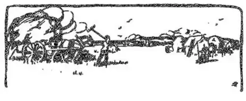 A field - on the left is a cart loaded with hay and a horse hitched in front, and a worker slightly in front with a rake over their shoulder; to the right is a group of buildings, one with a ladder against the side. In the background are trees and hills.