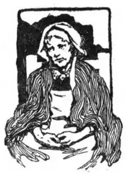 A woman draped in a cloak and a bonnet covering her hair, with her bare hands in her lap and fingers just touching