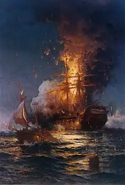 A painting of a sailing ship, USS Philadelphia, burning at sea.