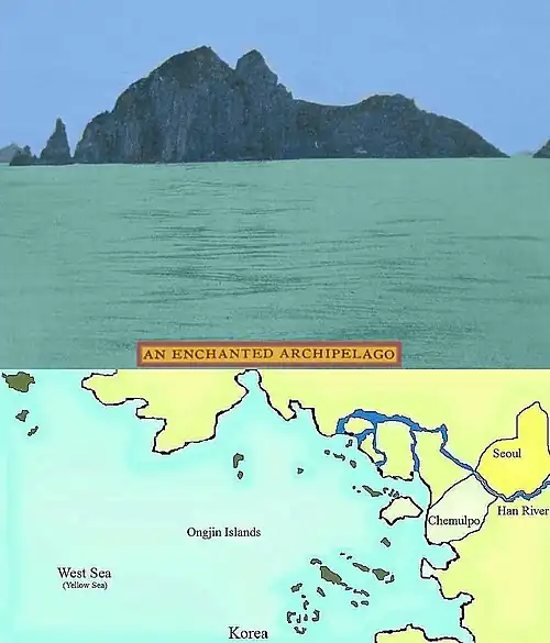 This is a picture of a small island as seen from a ship. It is near other small islands. Below the picture is a map showing the group of islands. They are near, and to the northwest and southwest of, Inchon, South Korea, which used to be called Chemulpo, Korea.