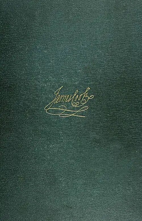 Plain book cover with a reproduction of James Cook's signature