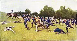 A painting showing the blue-coated United States infantry charging from right to left uphill