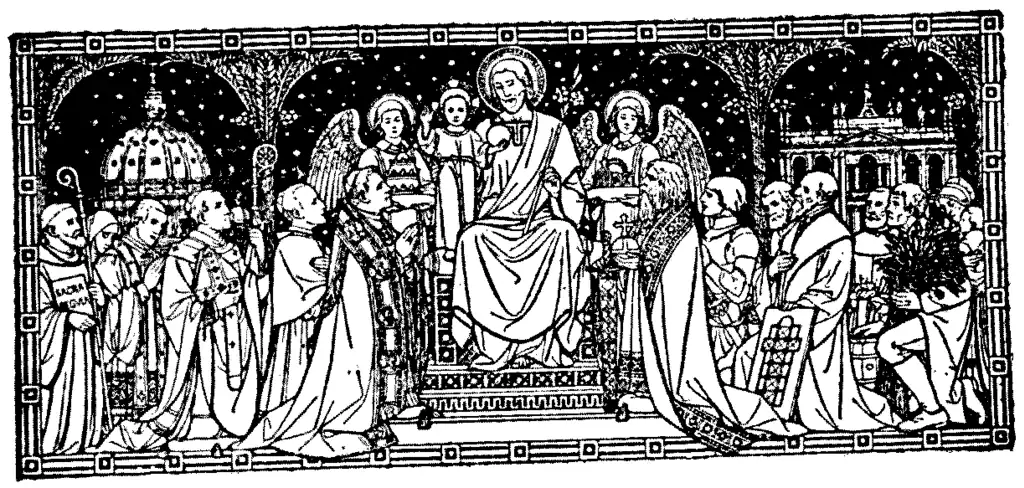 The Christ Child with St. Joseph, surrounded by angels and saints.