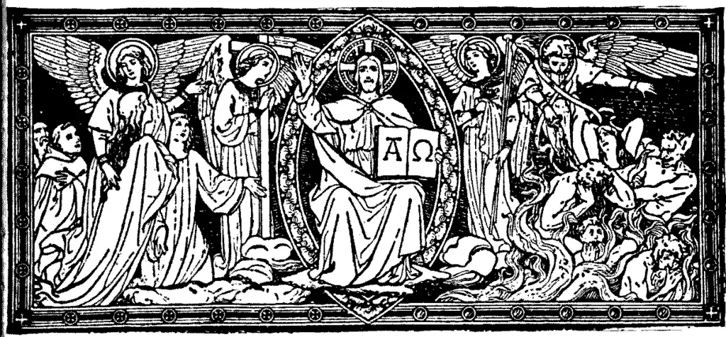 Christ the King enthroned as Alpha and Omega in judgment, surrounded by angels, saints, and the damned