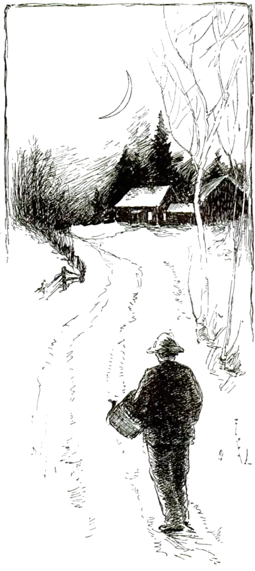 An illulstration of a man walking on a path to a cottage with the moon in the sky