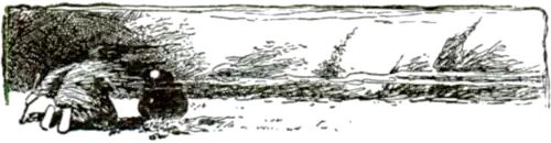 A drawing of a person kneeling before a cauldron