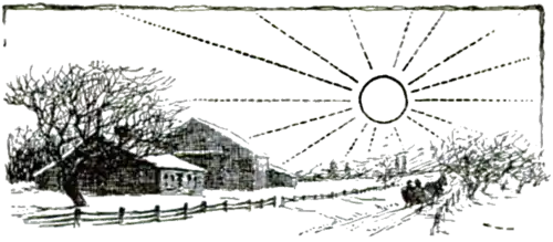 A drawing of the sun rising over a farmhouse