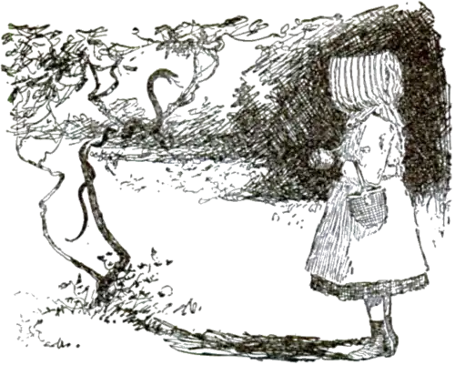 A girl standing in front of a snake wrapped in a tree, hissing at her