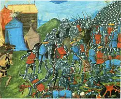 Fifteenth century painting of the Battle of Vouillé (507) showing the Frankish King Clovis I killing the Visigoth King Alaric II against the background of a mass of armoured knights and a few tents.
