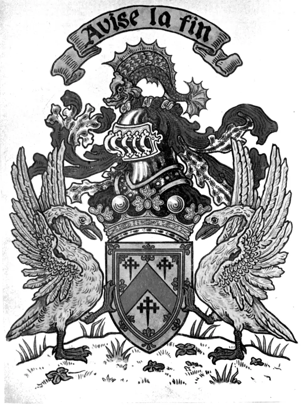 Fig. 229.—Armorial bearings of Sir Archibald Kennedy, Marquess of Ailsa: Argent, a chevron gules between three cross crosslets fitchée sable, all within a double tressure flory and counter-flory of the second. Mantling gules, doubled ermine. Crest: upon a wreath of his liveries, a dolphin naiant proper. Supporters: two swans proper, beaked and membered gules. Motto: "Avise la fin." (From the painting by Mr. Graham Johnston in the Lyon Register.)