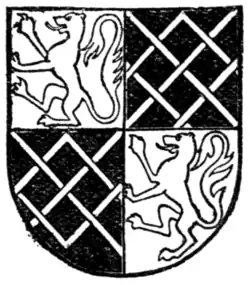 Fig. 240.—Arms of John Fitz Alan, Earl of Arundel (d. 1435): Quarterly, 1 and 4, gules, a lion rampant or (for Fitz Alan); 2 and 3, sable, fretty or (for Maltravers). (From his seal, c. 1432.)