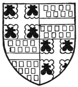 Fig. 552.—Arms of Henry Bourchier, Earl of Essex, K.G.: Quarterly, 1 and 4, argent, a cross engrailed gules, between four water-bougets sable (for Bourchier); 2 and 3, gules, billetté or, a fess argent (for Louvain). (From his seal.)