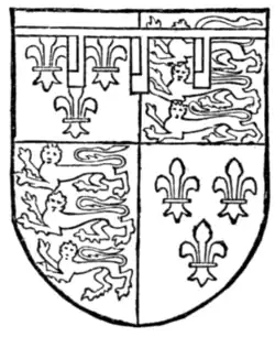 Fig. 726.—George Plantagenet, Duke of Clarence, brother of Edward IV.: France and England quarterly, a label of three points argent, each charged with a canton gules. (From MS. Harl. 521.)