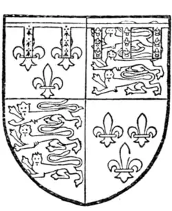 Fig. 727.—John, Duke of Bedford, third son of Henry IV.: France and England quarterly, a label of five points, the two dexter ermine, the three sinister azure, charged with three fleurs-de-lis or. (From MS. Add. 18,850.)