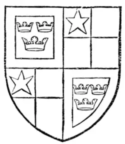 Fig. 773.—Arms of Robert de Vere, Duke of Ireland and Earl of Oxford: Quarterly, 1 and 4 (of augmentation), azure, three crowns or, within a bordure argent; 2 and 3, quarterly gules and or, in the first quarter a mullet argent.