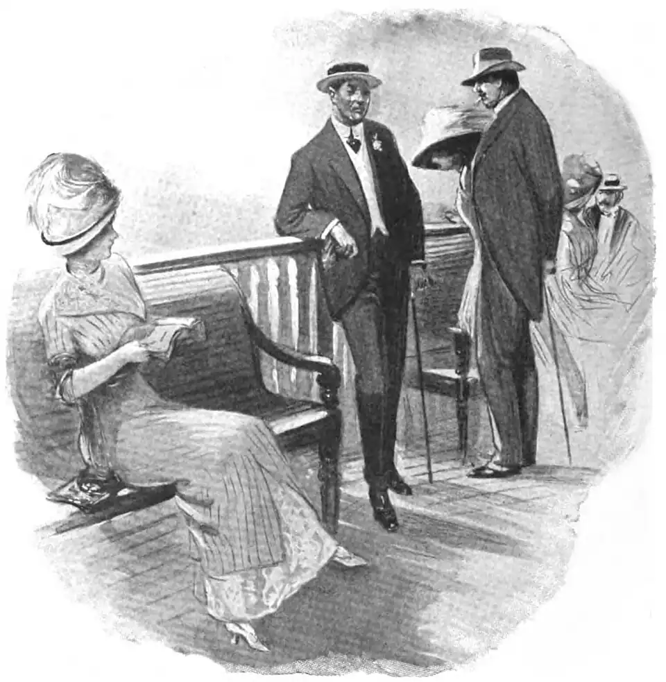 Illustration of Judith looking over at two men casually standing at the railing next to her bench