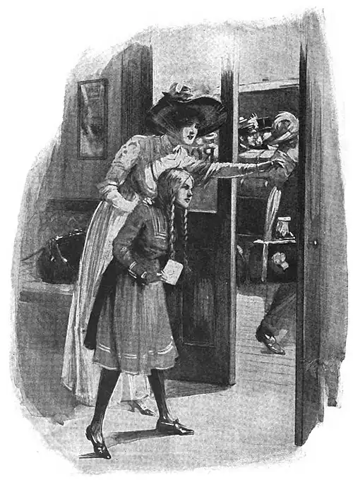 Illustration of Judith and a girl craning to look through an open door as people pass by in the next room