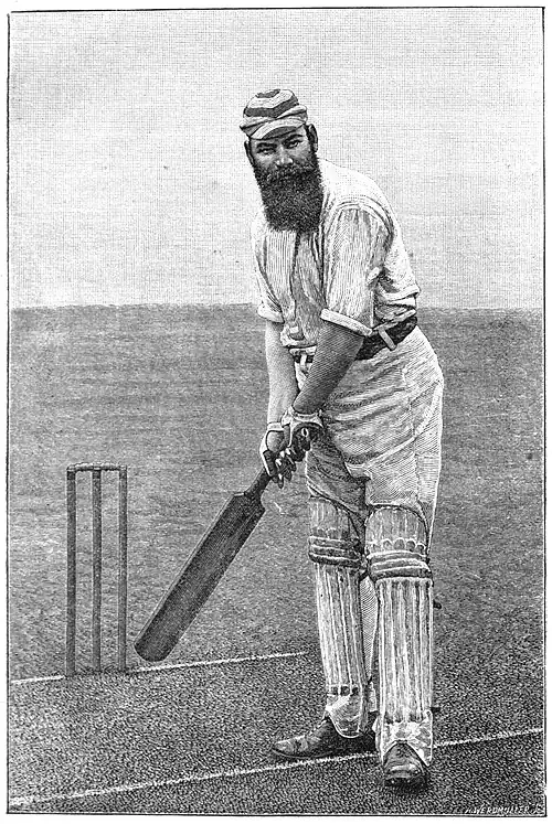 W.G. Grace (a tall man with a large bushy beard), dressed in cricket whites and holding a cricket bat in front of a wicket, left foot forwards