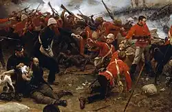 A painting of the battle at Rorke's Drift, showing wounded British soldiers being helped behind a firing line of soldiers.