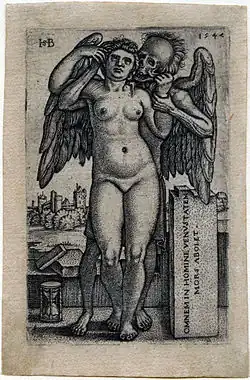 A winged and skeletal representation of Death stands behind a nude woman