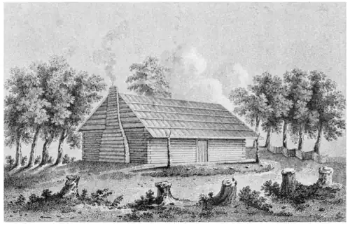 A Log House, drawn from Ingle's Refuge, State of Indiana, U. S., by W. Faux