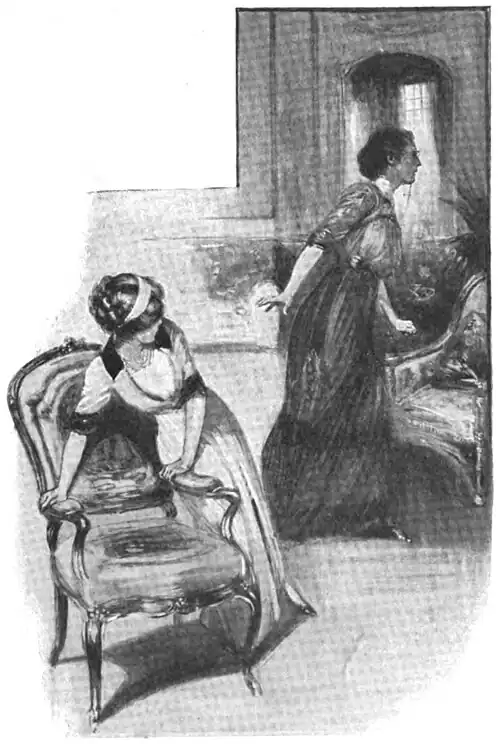 Illustration of Judith catching herself on an arm-chair as Miss Goodridge strides away