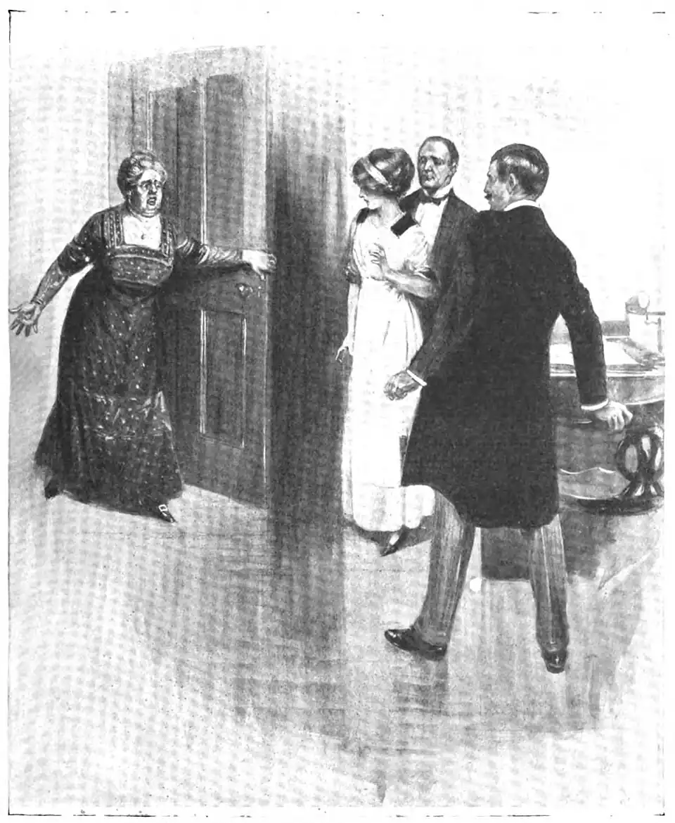 Illustration of Mrs. Anstruther surprising two hotel staff, one of whom is directly behind Judith gripping her arm
