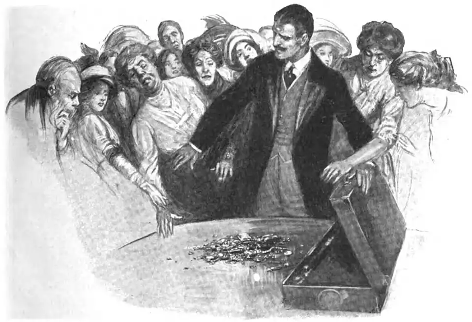 Illustration of the hotel manager holding a crowd of people back from a pile of jewellery on a table next to an open case
