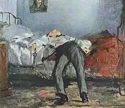 Le Suicidé (The Suicide), a nineteenth century oil painting by Édouard Manet. A man lies on a bed with blood on his shirt and a pistol in his hand.