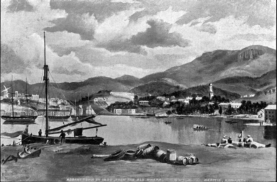 Reproduction of 1829 painting of Hobart town from the old wharf, Tasmania, photographed by Beattie, J. W. (John Watt), 1859–1930.
