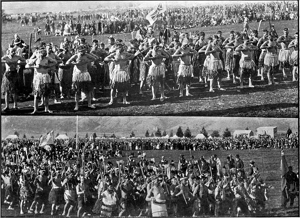 "Māori men performing a haka, with a crowd watching in the background"