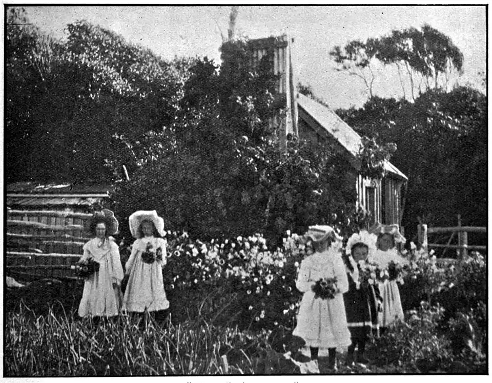 Young girls gathering flowers with a building partly obscured by trees and a fence in front, and trees in the background