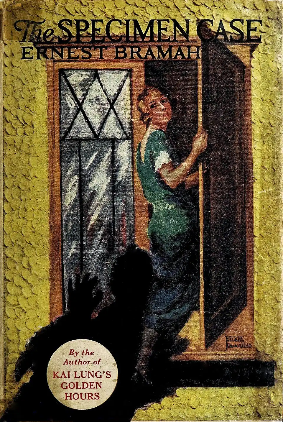 Book cover with painting of a woman menaced by a lunging shadow