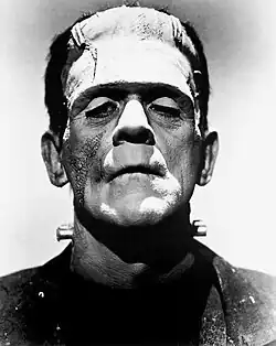Black and white promotional photograph of Boris Karloff, showing the actor's head and shoulders in make up and costume