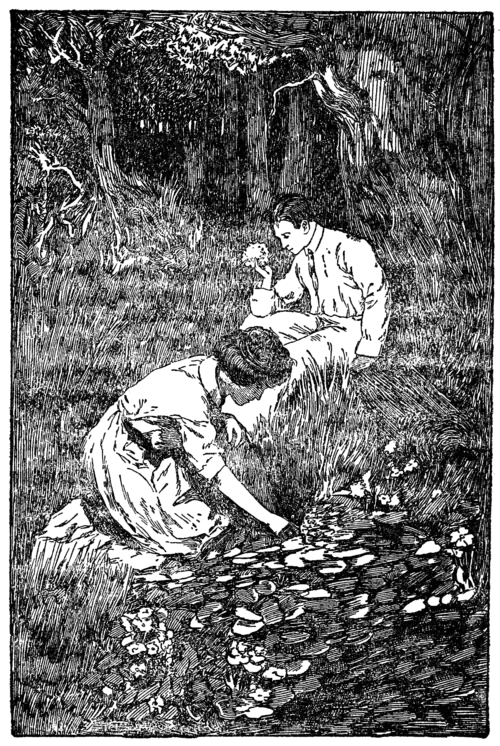 A drawing of a man seated, holding a flower, with a woman kneeling into plants