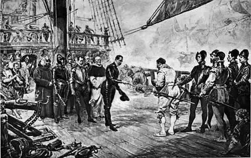 THE ADMIRAL OF THE SPANISH ARMADA SURRENDERS TO DRAKE.