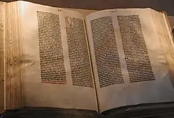 Colour photograph of a copy of the Gutenberg Bible