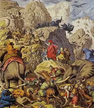A painting of Hannibal crossing the Alps with elephants