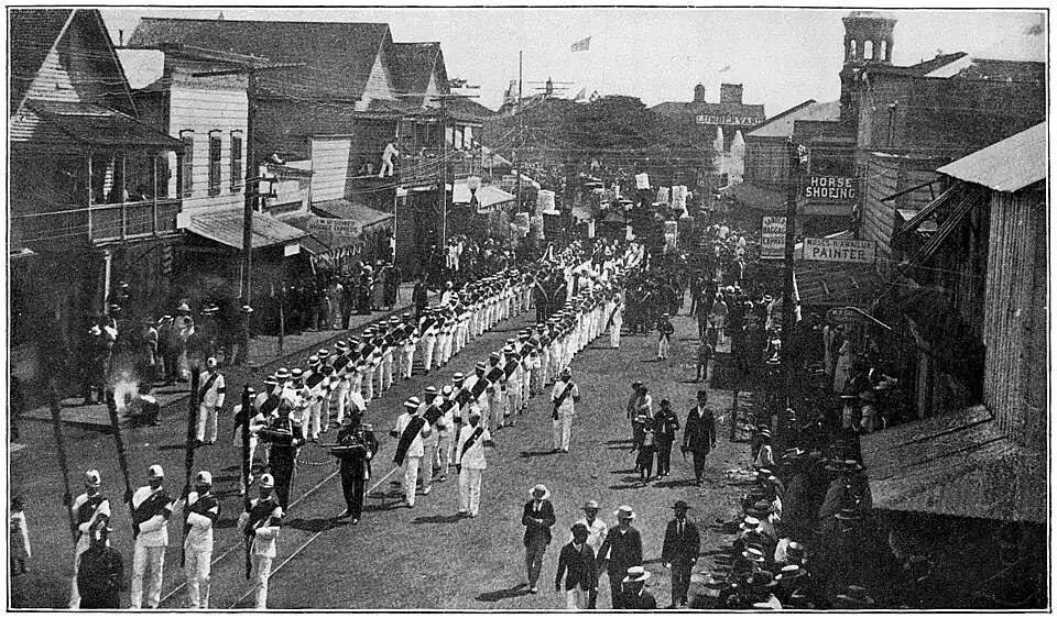 Two long rows of marchers along the center of a street