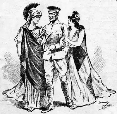 Soldier walking with two women on his arms.