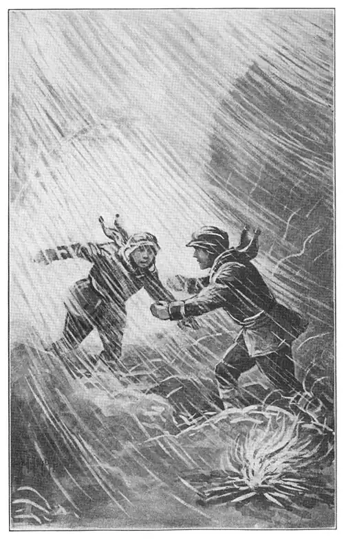 Illustration of a boy welcoming another boy toward a campfire amid heavy windblown snow