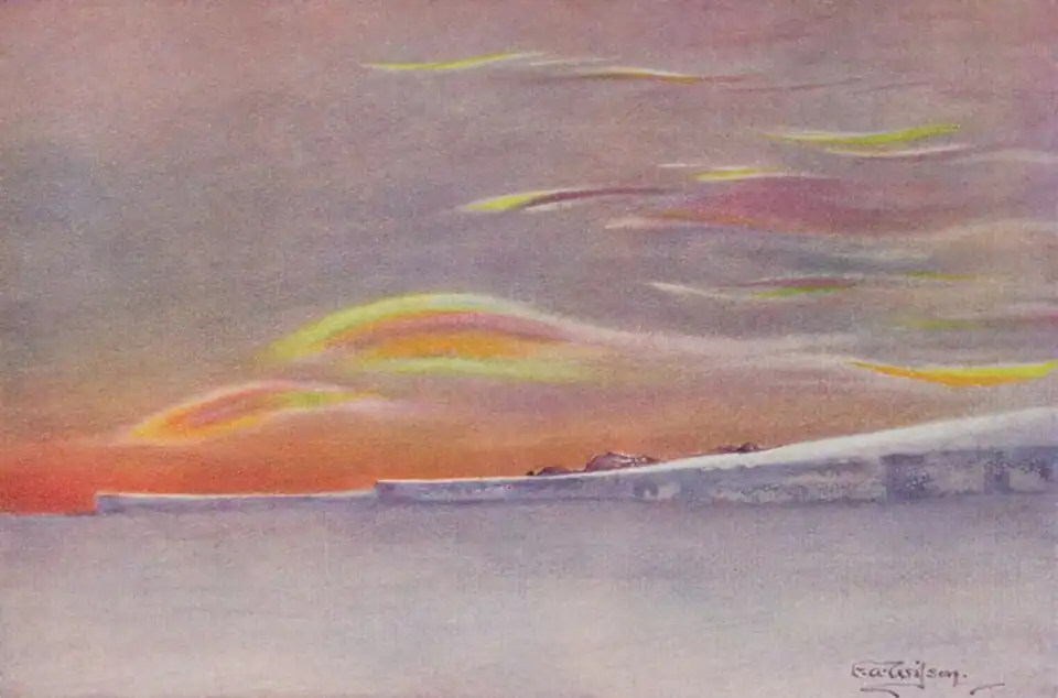 Watercolour painting of sunset-lit clouds over a broad icy landscape