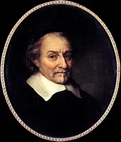 Oil painting of a man with grey hair and Van Dyke beard, wearing black with a wide white collar. Painting by Philips Koninck